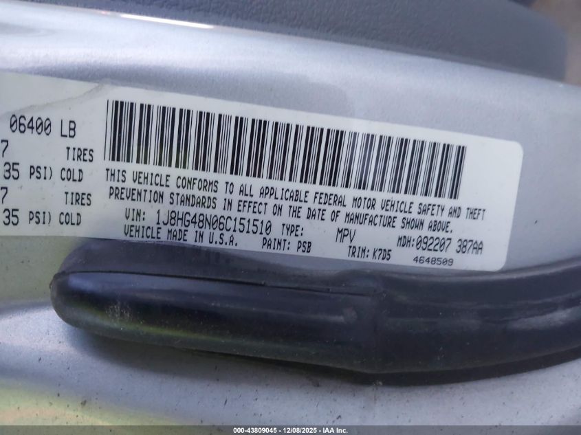 2006 Jeep Commander VIN: 1J8HG48N06C151510 Lot: 43809045