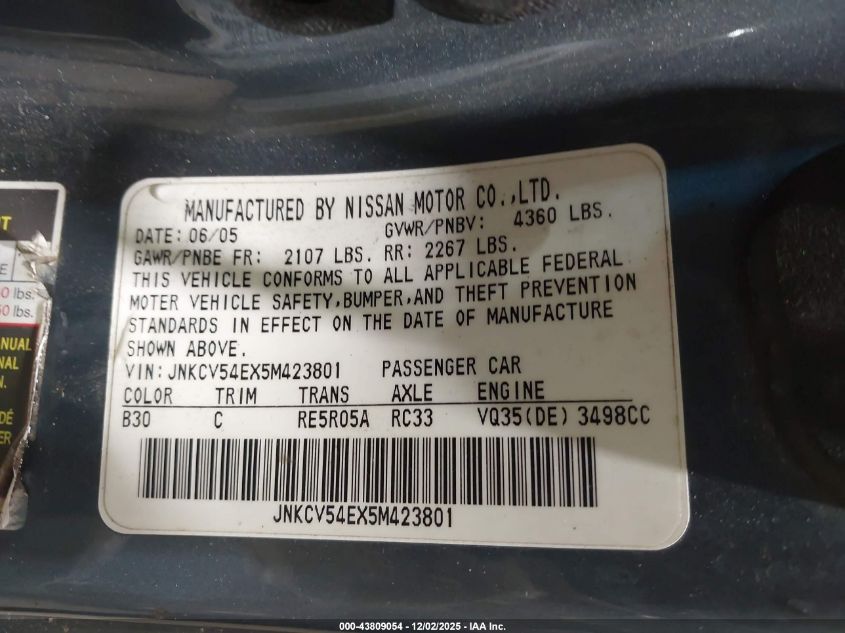 2005 Infiniti G35 VIN: JNKCV54EX5M423801 Lot: 43809054