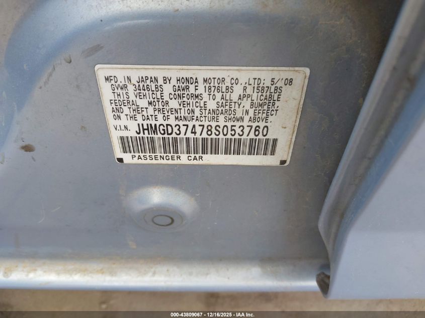 2008 Honda Fit VIN: JHMGD37478S053760 Lot: 43809067