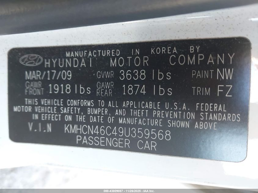2009 Hyundai Accent Gls VIN: KMHCN46C49U359568 Lot: 43809087