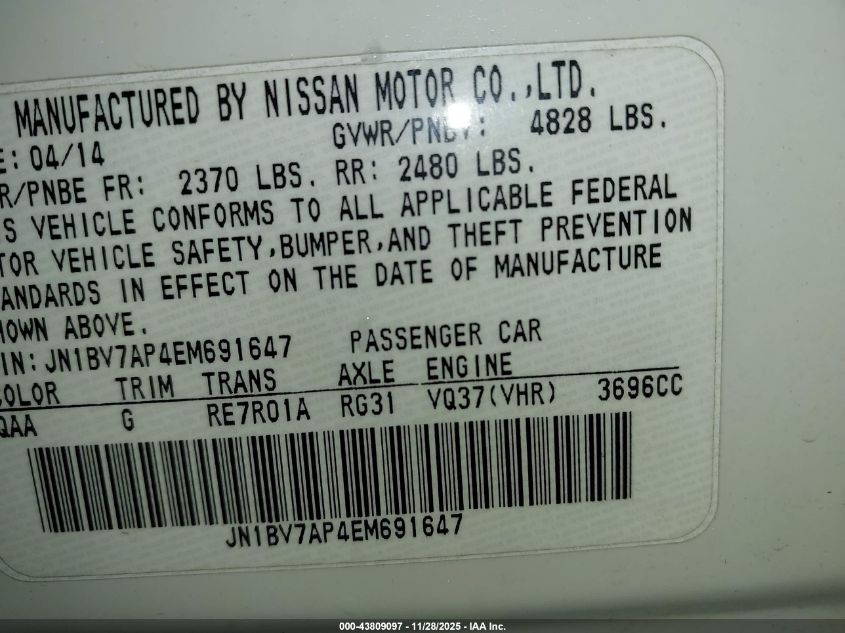 2014 Infiniti Q50 VIN: JN1BV7AP4EM691647 Lot: 43809097