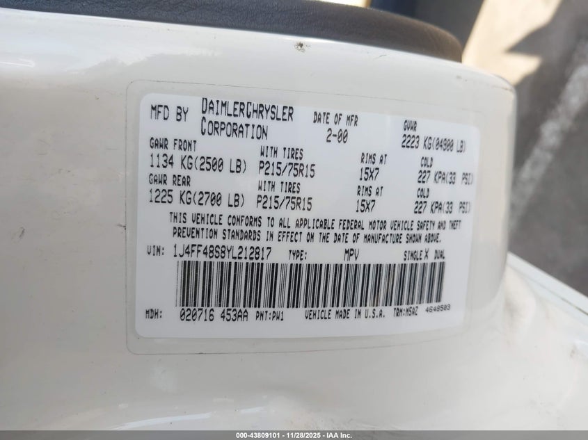 2000 Jeep Cherokee Sport VIN: 1J4FF48S8YL212817 Lot: 43809101