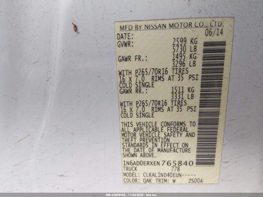 2014 Nissan Frontier S VIN: 1N6AD0ERXEN765840 Lot: 43809105