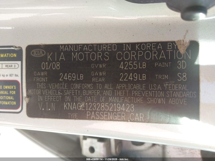 2008 Kia Optima Ex VIN: KNAGE123285219423 Lot: 43809114