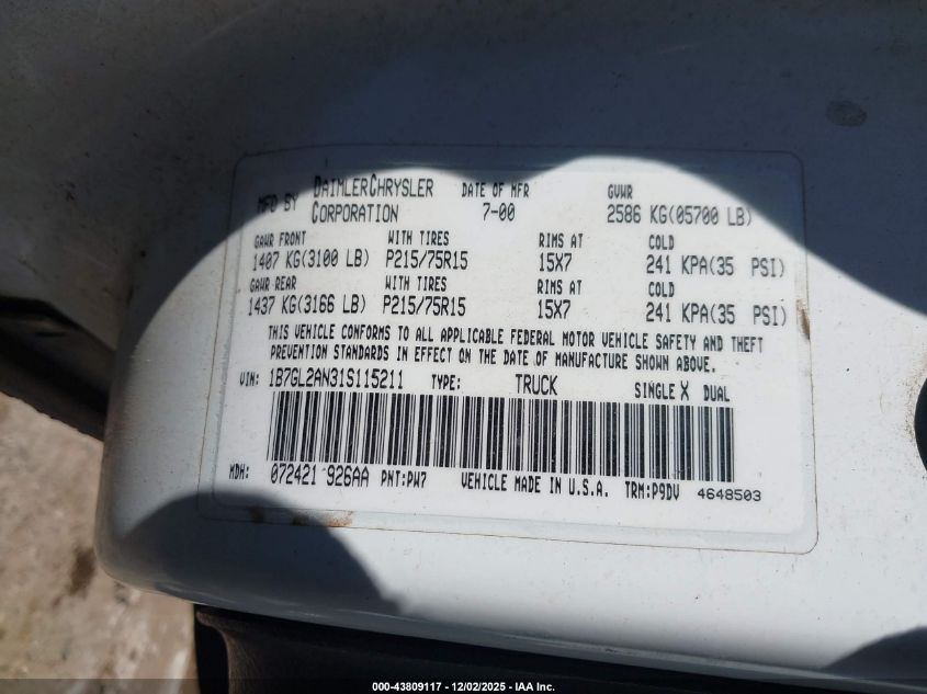 2001 Dodge Dakota Slt/Sport VIN: 1B7GL2AN31S115211 Lot: 43809117