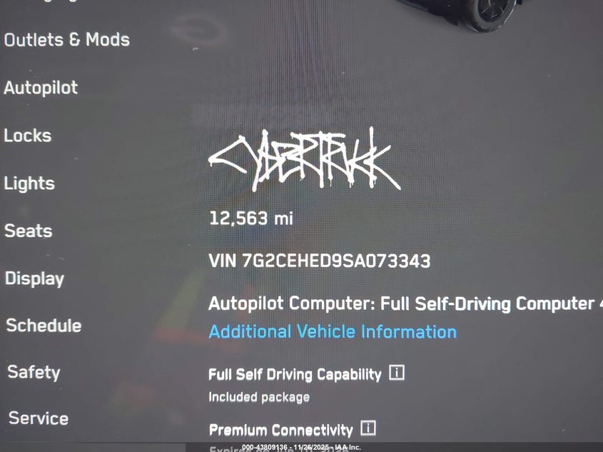 2025 Tesla Cybertruck All-Wheel Drive VIN: 7G2CEHED9SA073343 Lot: 43809136