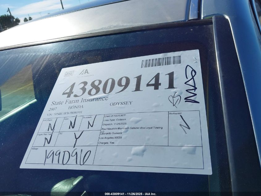 2007 Honda Odyssey Ex-L VIN: 5FNRL38767B080501 Lot: 43809141