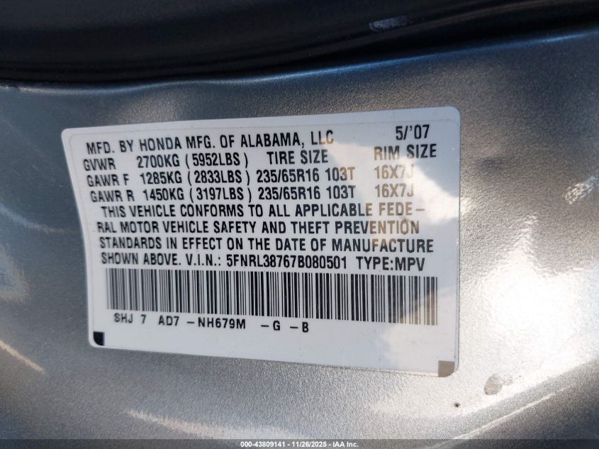 2007 Honda Odyssey Ex-L VIN: 5FNRL38767B080501 Lot: 43809141