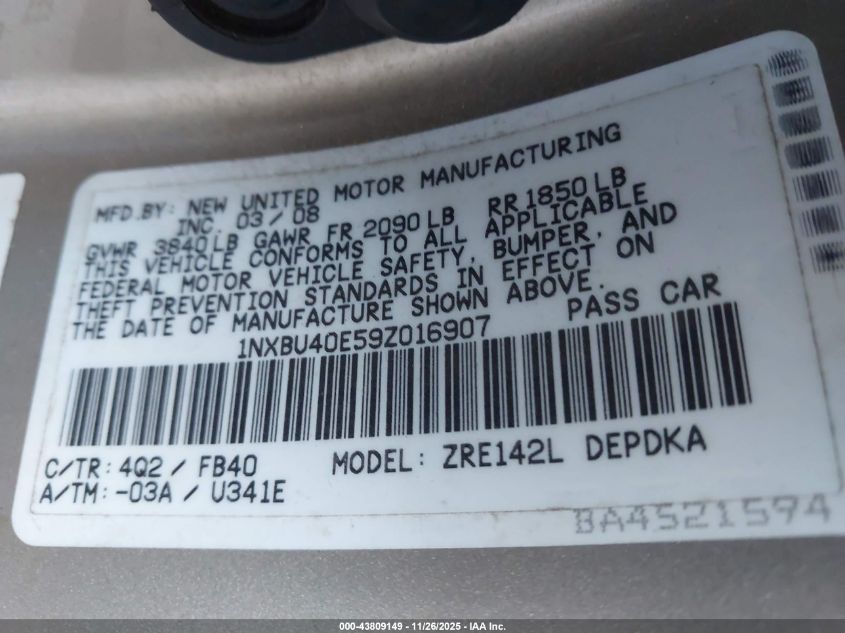 2009 Toyota Corolla Le VIN: 1NXBU40E59Z016907 Lot: 43809149