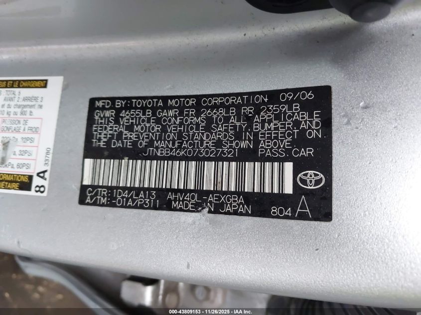 2007 Toyota Camry Hybrid VIN: JTNBB46K073027321 Lot: 43809153