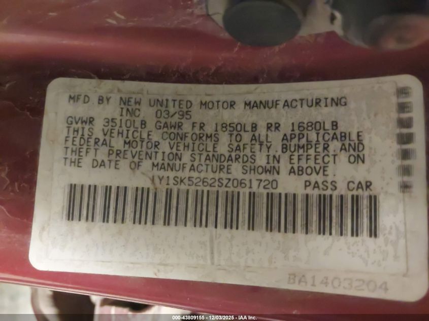 1995 Geo Prizm Lsi VIN: 1Y1SK5262SZ061720 Lot: 43809155