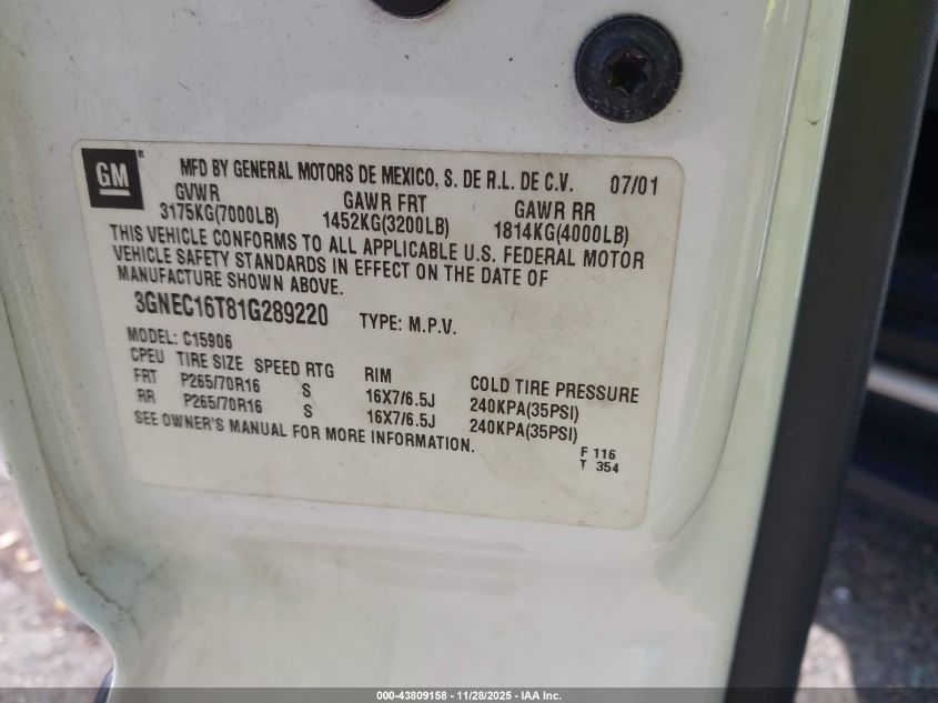 2001 Chevrolet Suburban 1500 Ls VIN: 3GNEC16T81G289220 Lot: 43809158