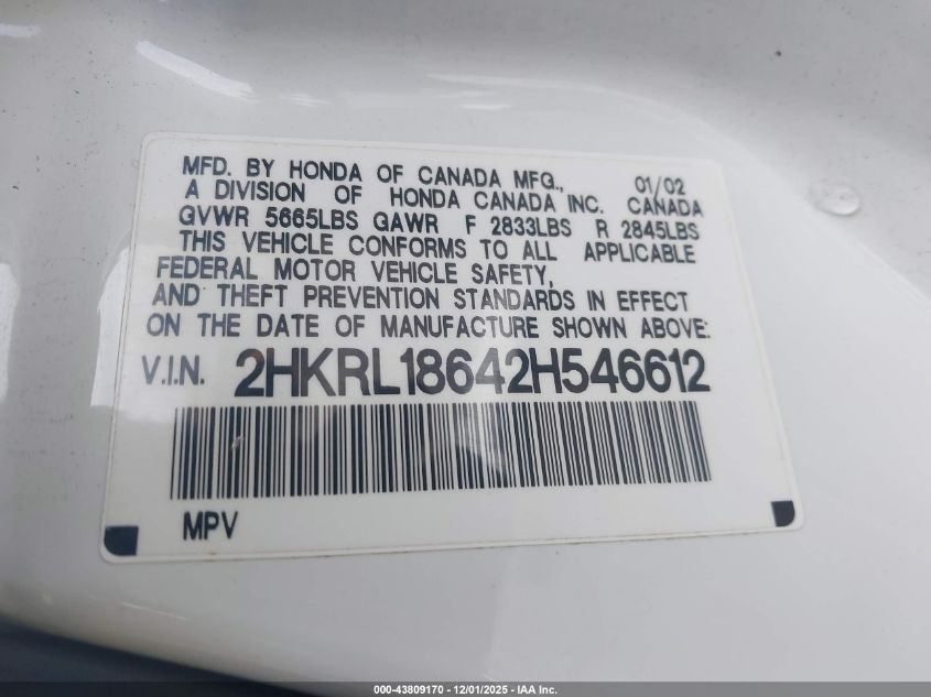 2002 Honda Odyssey Ex VIN: 2HKRL18642H546612 Lot: 43809170