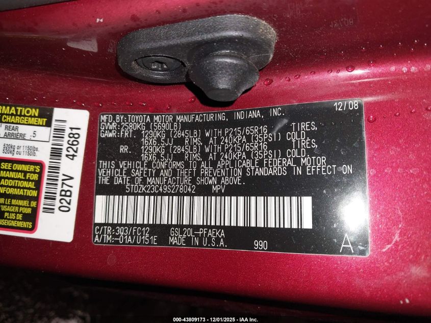 2009 Toyota Sienna Le VIN: 5TDZK23C49S278042 Lot: 43809173