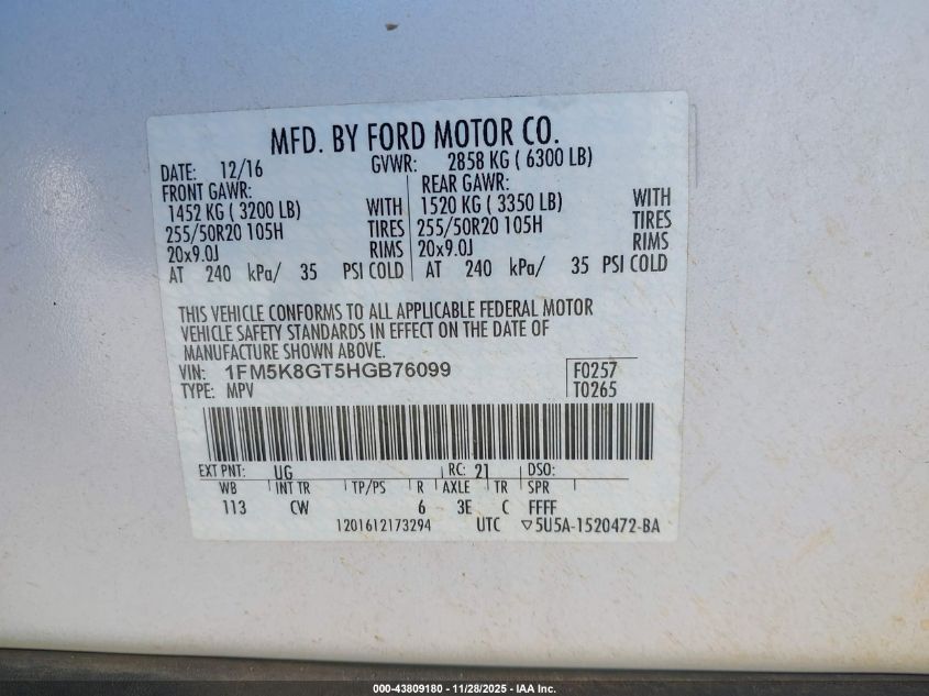 2017 Ford Explorer Sport VIN: 1FM5K8GT5HGB76099 Lot: 43809180