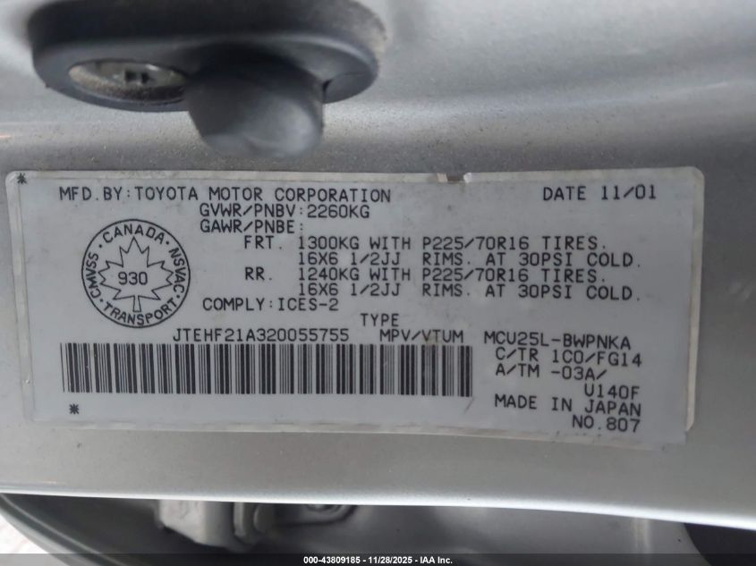 2002 Toyota Highlander VIN: JTEHF21A320055755 Lot: 43809185