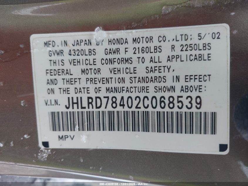 2002 Honda Cr-V Lx VIN: JHLRD78402C068539 Lot: 43809188