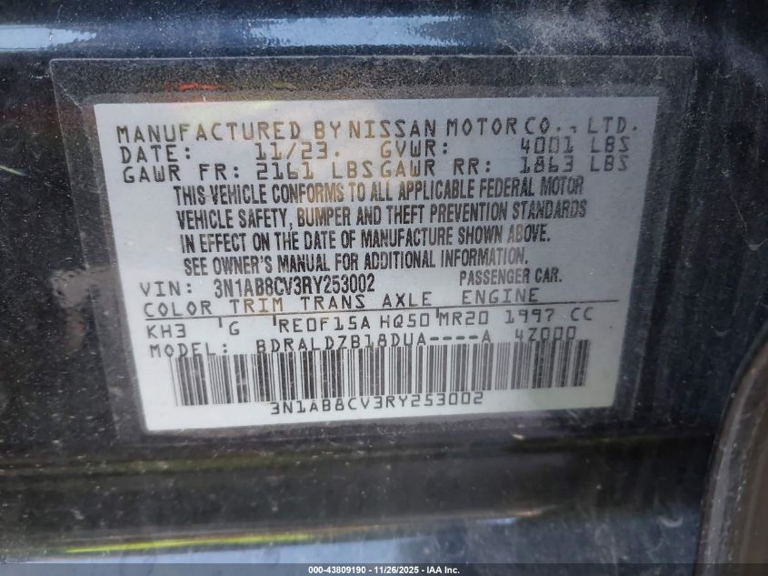 2024 Nissan Sentra Sv Xtronic Cvt VIN: 3N1AB8CV3RY253002 Lot: 43809190