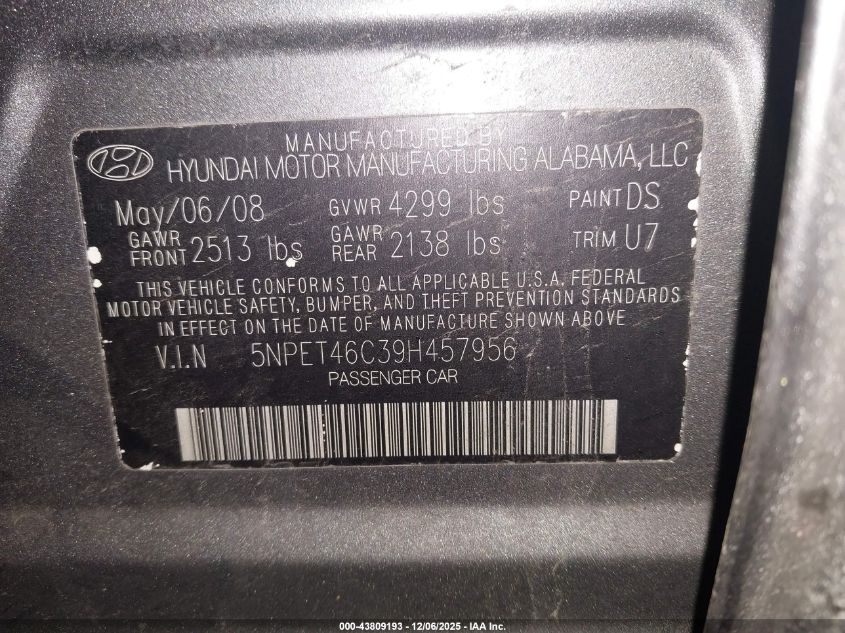 2009 Hyundai Sonata Gls VIN: 5NPET46C39H457956 Lot: 43809193