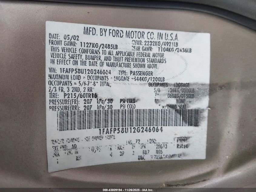 2002 Ford Taurus Se VIN: 1FAFP58U12G246064 Lot: 43809194