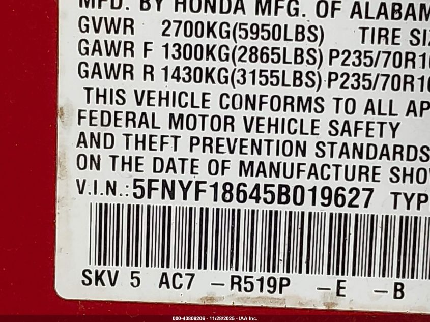 2005 Honda Pilot Ex-L VIN: 5FNYF18645B019627 Lot: 43809206