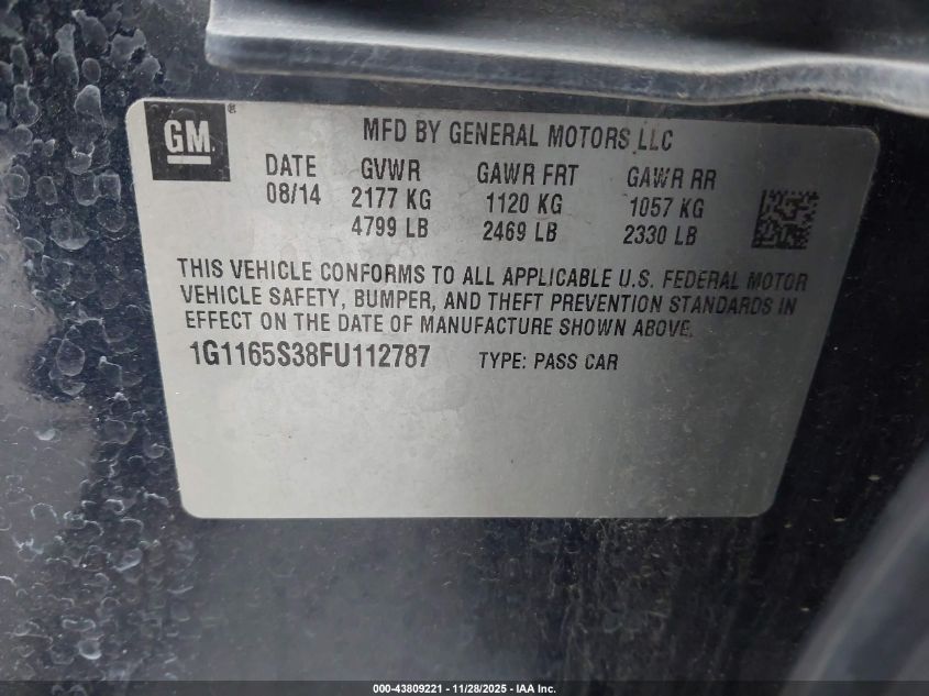 2015 Chevrolet Impala 2Lz VIN: 1G1165S38FU112787 Lot: 43809221