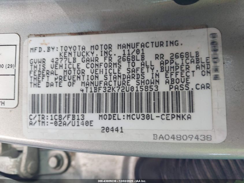 2002 Toyota Camry Le V6 VIN: 4T1BF32K72U015853 Lot: 43809236