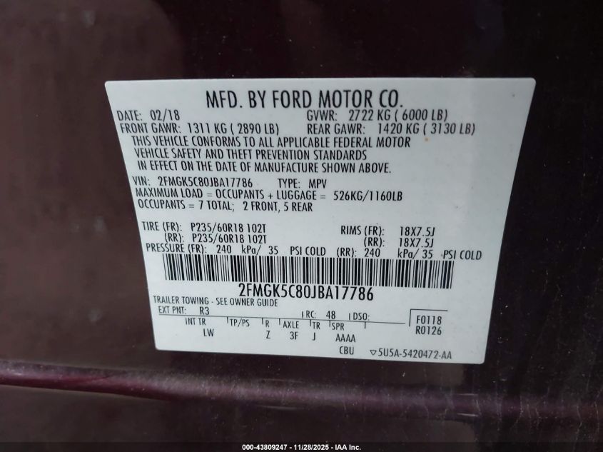 2018 Ford Flex Sel VIN: 2FMGK5C80JBA17786 Lot: 43809247