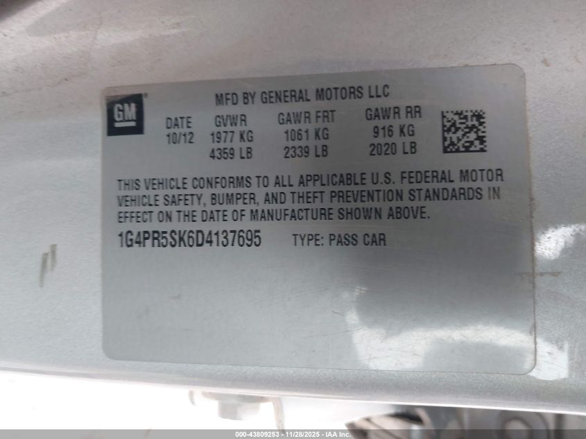 2013 Buick Verano Convenience Group VIN: 1G4PR5SK6D4137695 Lot: 43809253