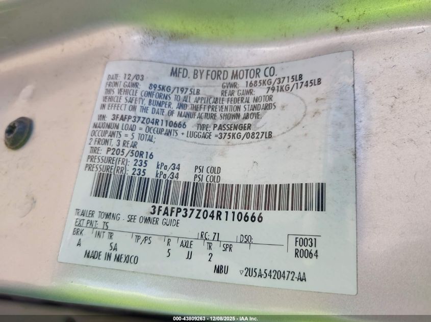 2004 Ford Focus Zx5 VIN: 3FAFP37Z04R110666 Lot: 43809263