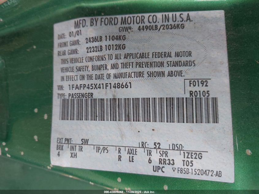 2001 Ford Mustang Gt VIN: 1FAFP45X41F148661 Lot: 43809268