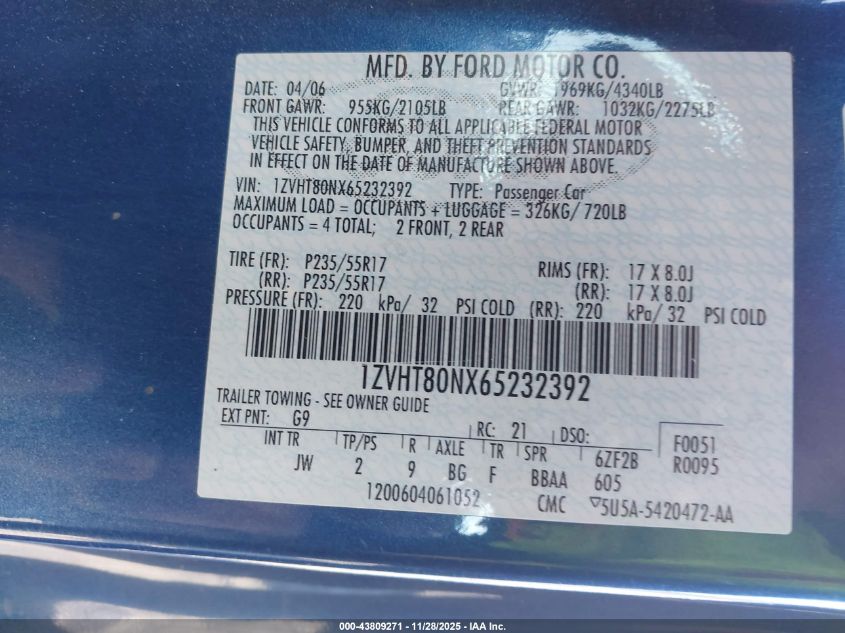 2006 Ford Mustang V6 VIN: 1ZVHT80NX65232392 Lot: 43809271