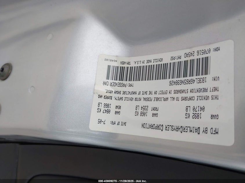 2005 Dodge Stratus Sxt VIN: 1B3EL46R65N698426 Lot: 43809275
