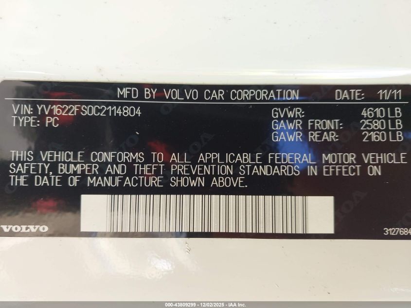 2012 Volvo S60 T5 VIN: YV1622FS0C2114804 Lot: 43809299