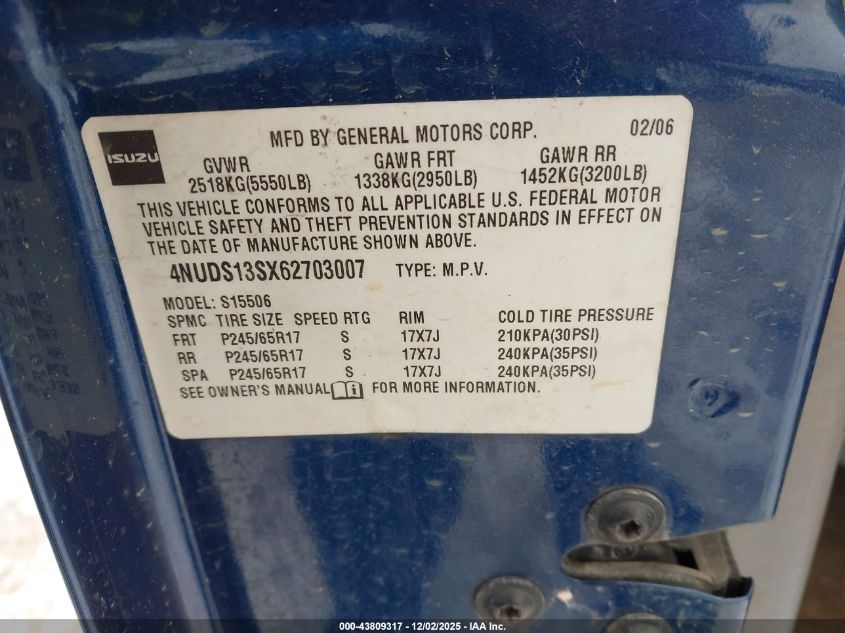 2006 Isuzu Ascender S VIN: 4NUDS13SX62703007 Lot: 43809317