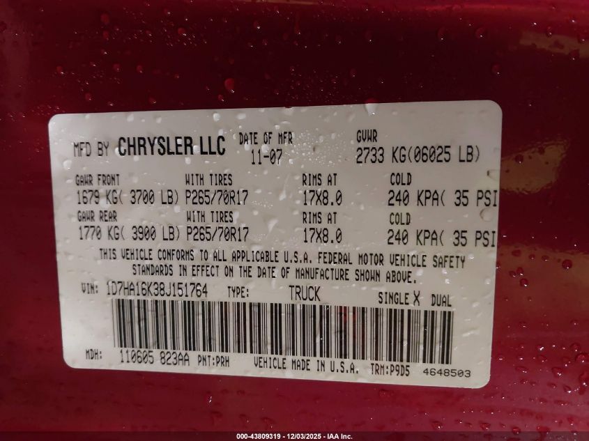 2008 Dodge Ram 1500 St/Sxt VIN: 1D7HA16K38J151764 Lot: 43809319