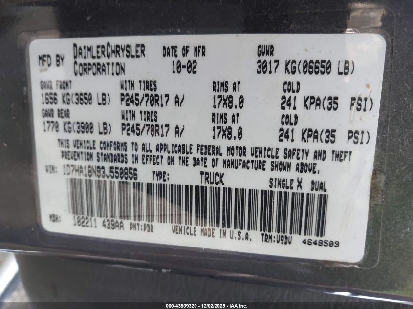 2003 Dodge Ram 1500 Slt/Laramie/St VIN: 1D7HA18N93J550856 Lot: 43809320