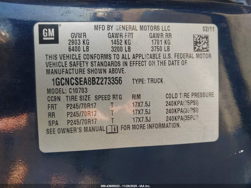 2011 Chevrolet Silverado 1500 Lt VIN: 1GCNCSEA8BZ273356 Lot: 43809323