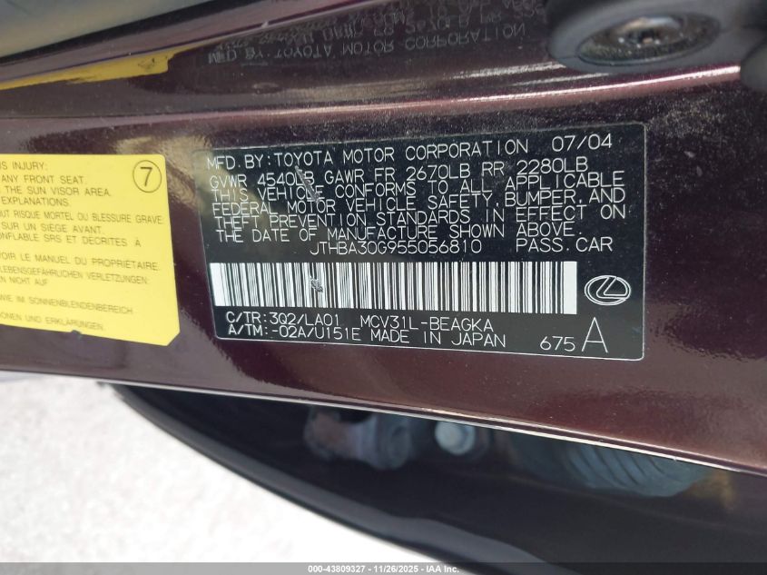 2005 Lexus Es 330 VIN: JTHBA30G955056810 Lot: 43809327