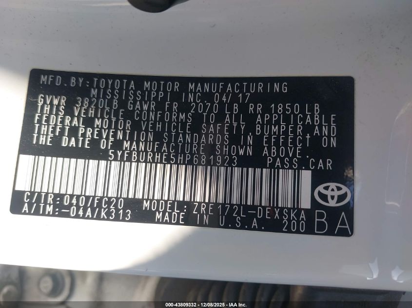 2017 Toyota Corolla Se VIN: 5YFBURHE5HP681923 Lot: 43809332