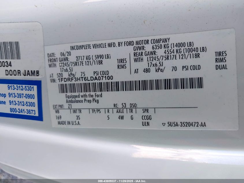 2020 Ford F-350 Chassis Xlt VIN: 1FDRF3HT6LDA07100 Lot: 43809337