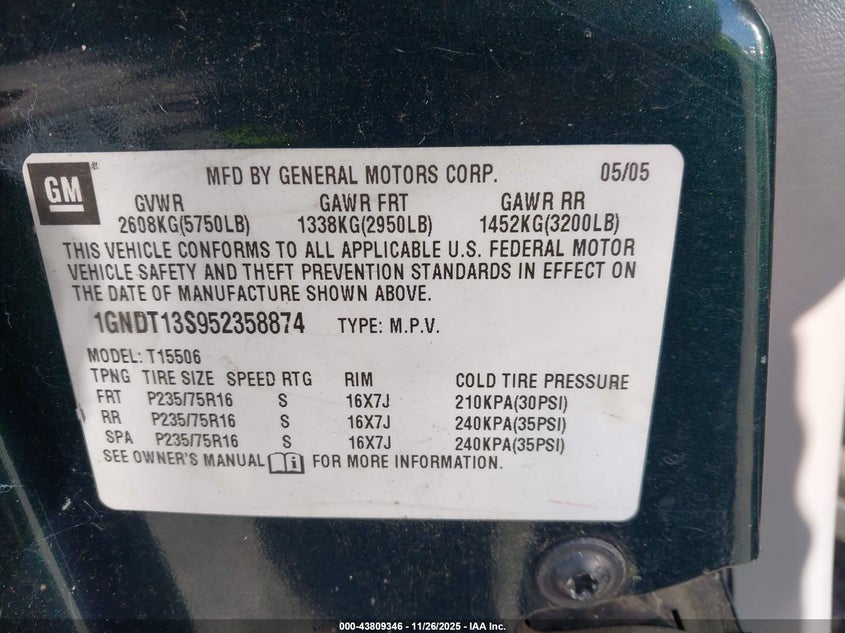 2005 Chevrolet Trailblazer Ls VIN: 1GNDT13S952358874 Lot: 43809346