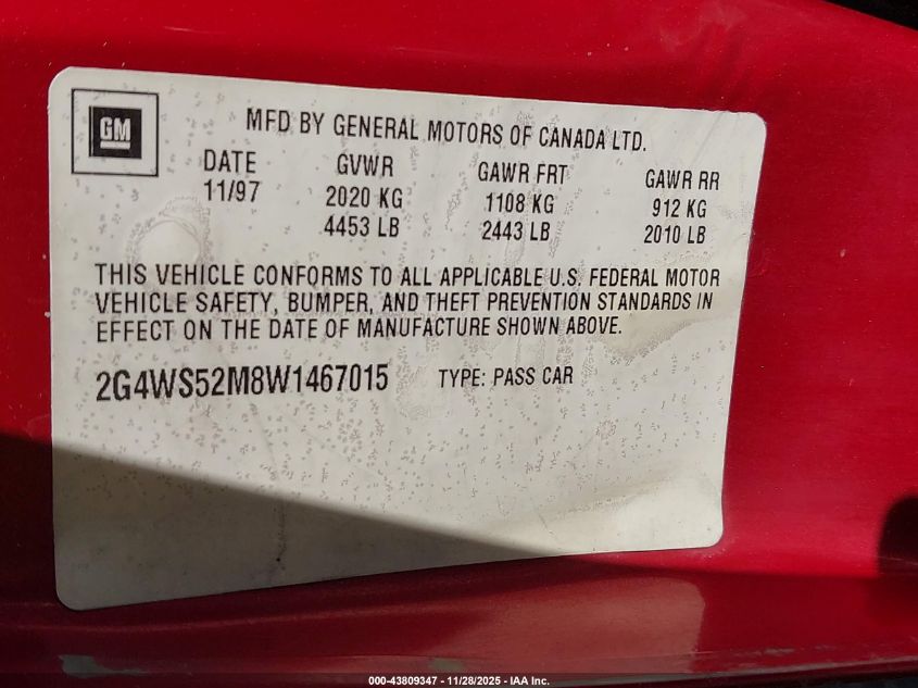 1998 Buick Century Custom VIN: 2G4WS52M8W1467015 Lot: 43809347