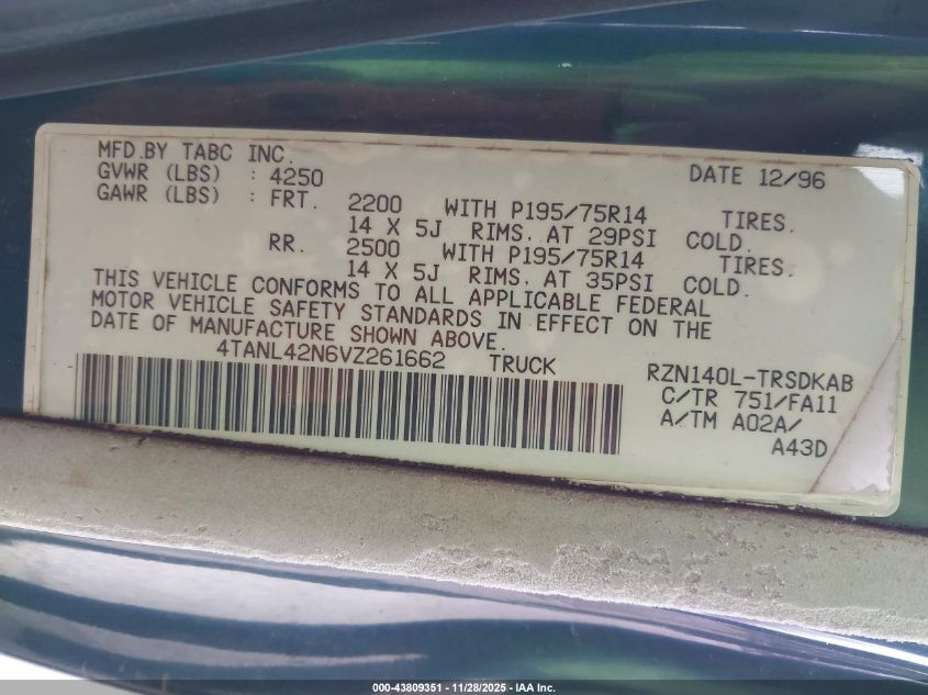 1997 Toyota Tacoma VIN: 4TANL42N6VZ261662 Lot: 43809351