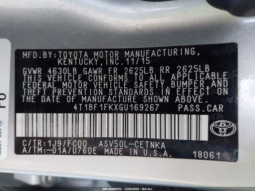 2016 Toyota Camry Le VIN: 4T1BF1FKXGU169267 Lot: 43809352