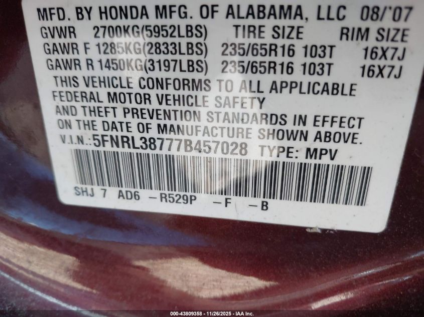 2007 Honda Odyssey Ex-L VIN: 5FNRL38777B457028 Lot: 43809358
