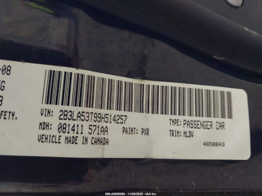 2009 Dodge Charger R/T VIN: 2B3LA53T99H514257 Lot: 43809368