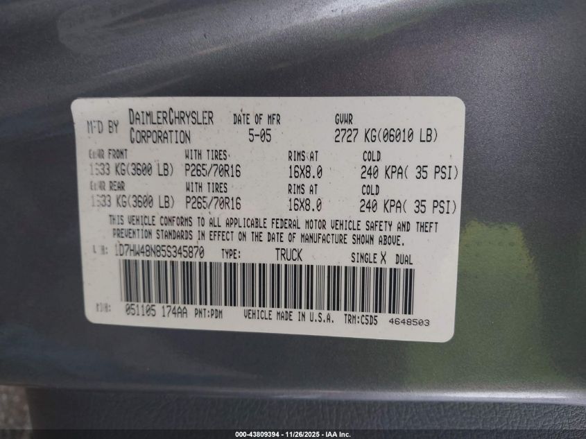2005 Dodge Dakota Slt VIN: 1D7HW48N85S345870 Lot: 43809394