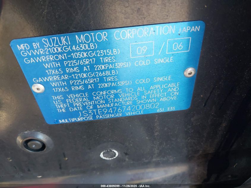 2007 Suzuki Grand Vitara Luxury VIN: JS3TE947674200802 Lot: 43809399