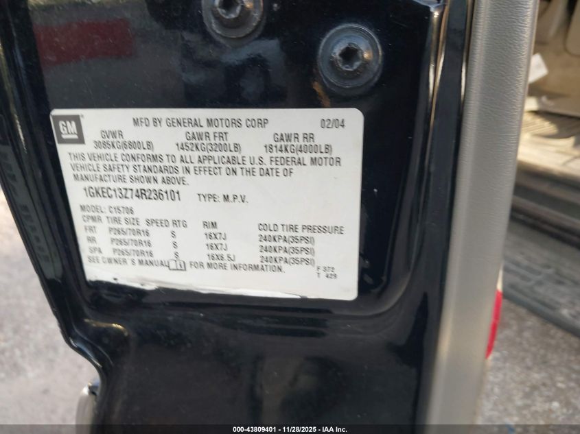 2004 GMC Yukon Slt VIN: 1GKEC13Z74R236101 Lot: 43809401